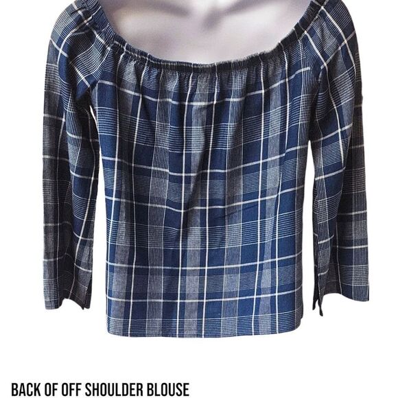 CLOTH & STONE Women's oversized long bell sleeve  blue & white off shoulder top. - Picture 14 of 16